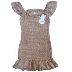 STORIA Womens Smocked Mini Dress Size M Micro Floral Pink Ruffle Hem Stretch NWT